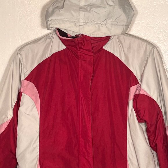 L.L.Bean M Red Pink Hooded Nylon Jacket Detachable Fleece Liner Water-Resistant - Picture 13 of 16